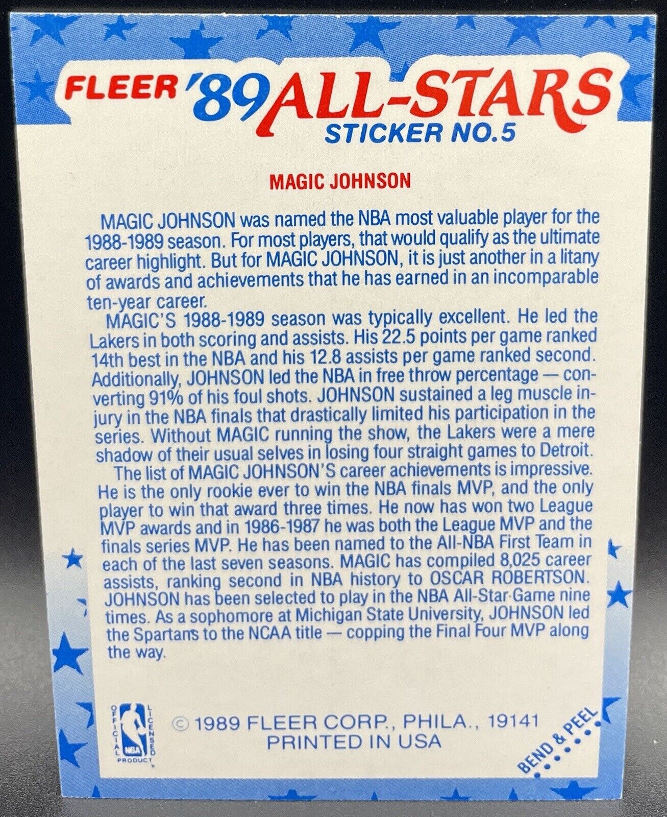 Magic Johnson 1989 Fleer Basketball #5 AllStars Sticker Los Angeles Lakers HOF🔥