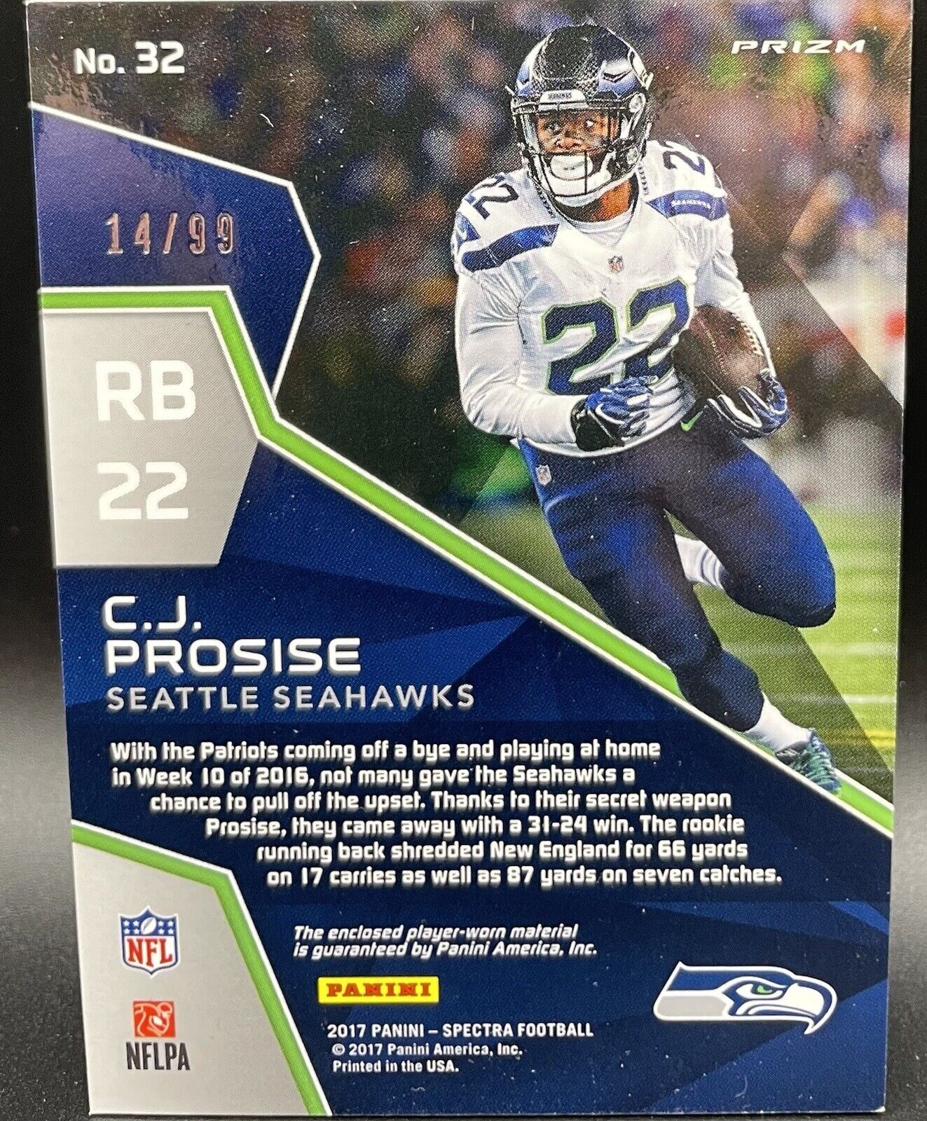 C.J. Prosise 2017 Panini Spectra #32  Lg Patch,  14/99 Seattle Seahawks Teal