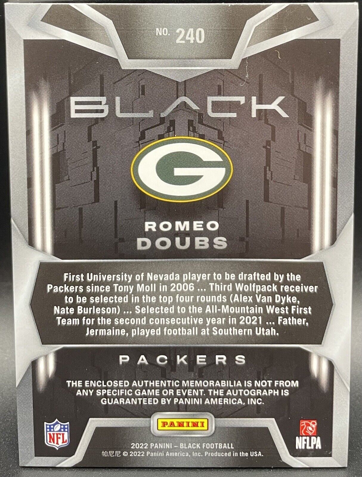 2022 Panini Black - Rookie Patch Autographs Copper #240 Romeo Doubs /50 (AU,...