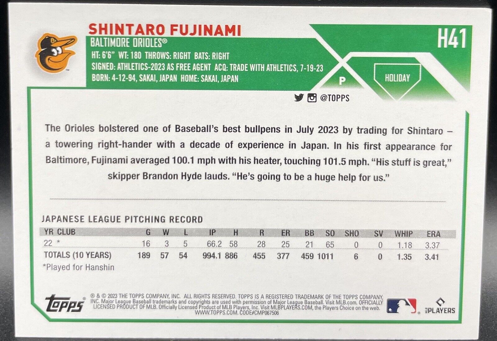 shintaro fujinami 2023 Topps #H41 Rookie Card Holiday Baltimore Orioles 