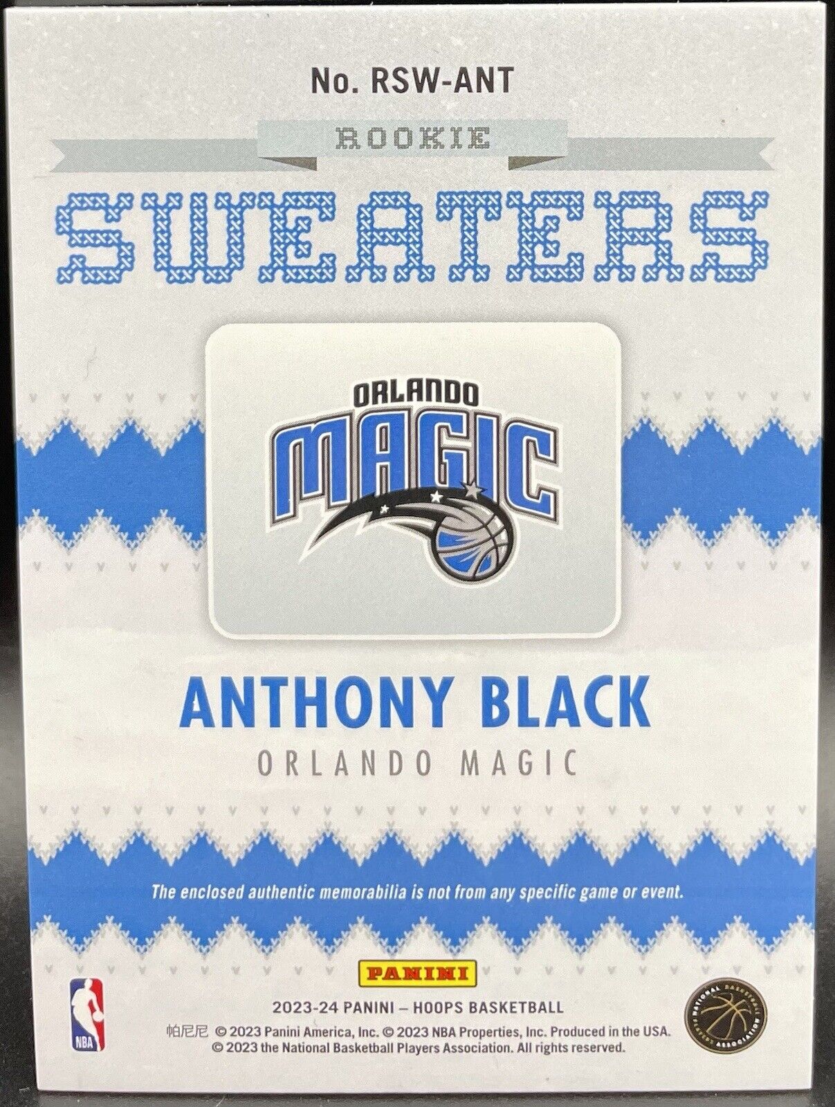 2023-24 Panini Hoops Rookie Sweaters Anthony Black #RSW-ANT Orlando Magic