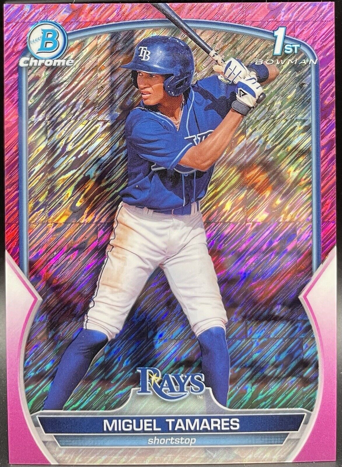 Miguel Tamares 2023 Topps Bowman #BCP-179 Chrome Pink Shimmer /199 RAYS