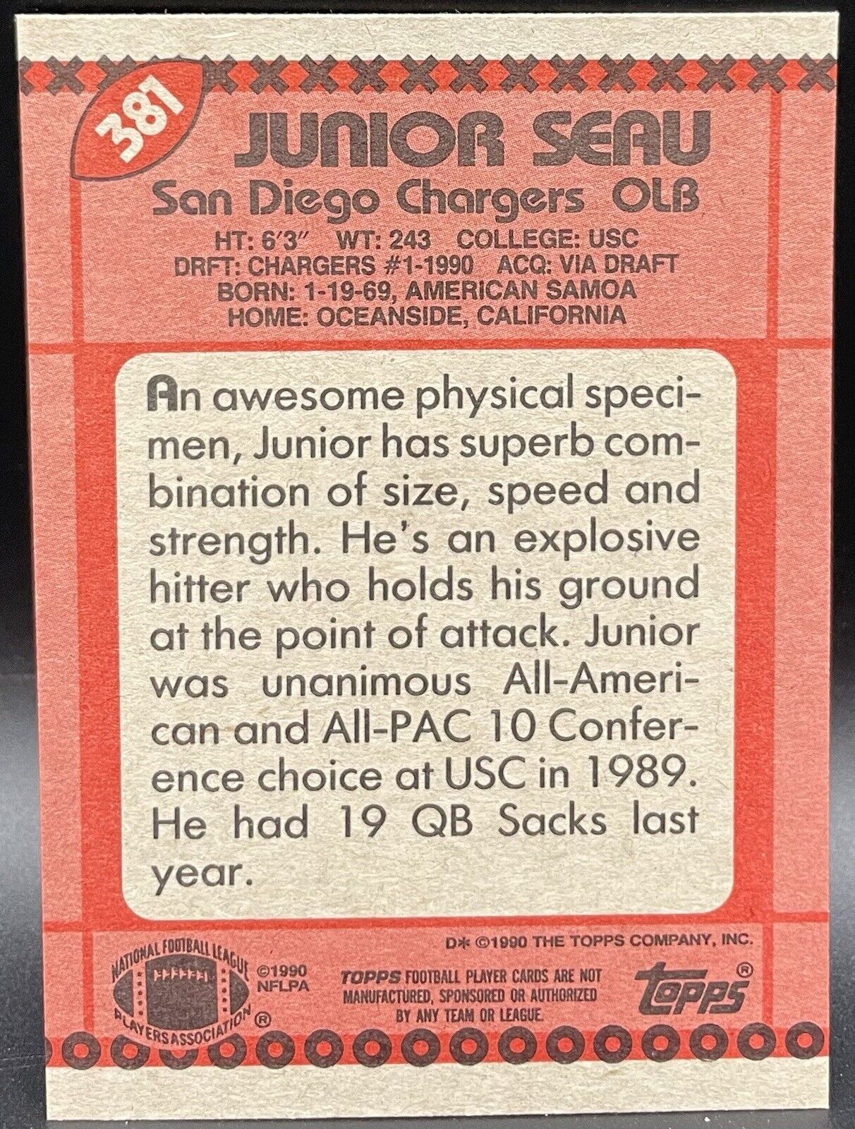 Junior Seau 1990 Topps #381 1990 Draft Pick RC San Diego Chargers