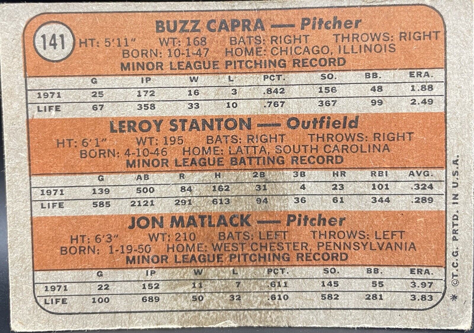 1972 Topps - 1972 Rookie Stars #141 Jon Matlack, Leroy Stanton, Buzz Capra (RC)