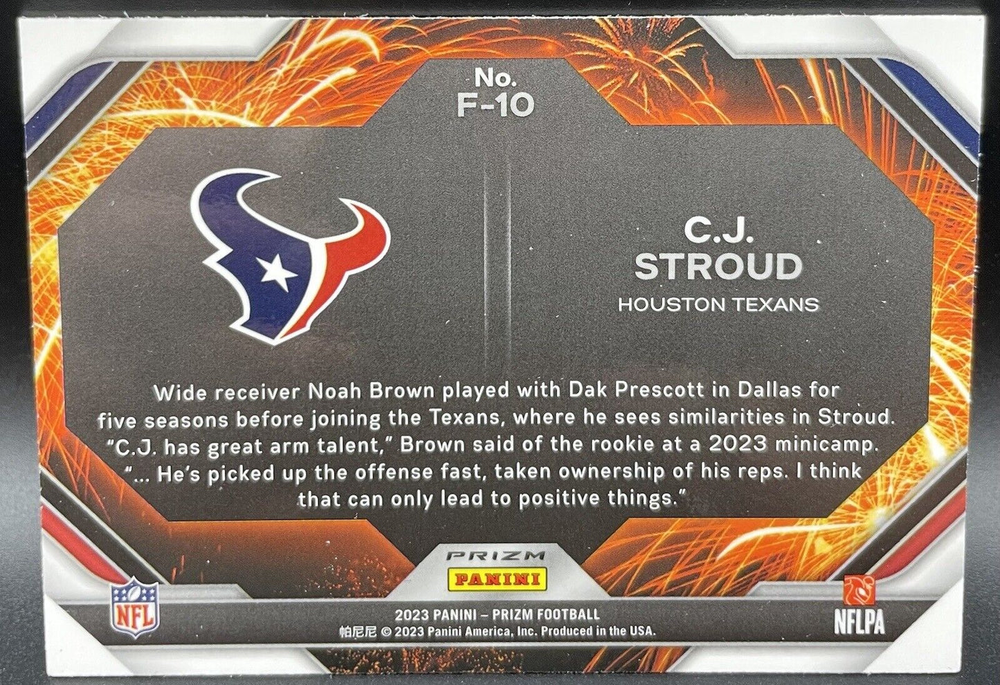 C J Stroud 2023 Panini Prizm #F-10 Fireworks RC Green Wave Houston Texans 