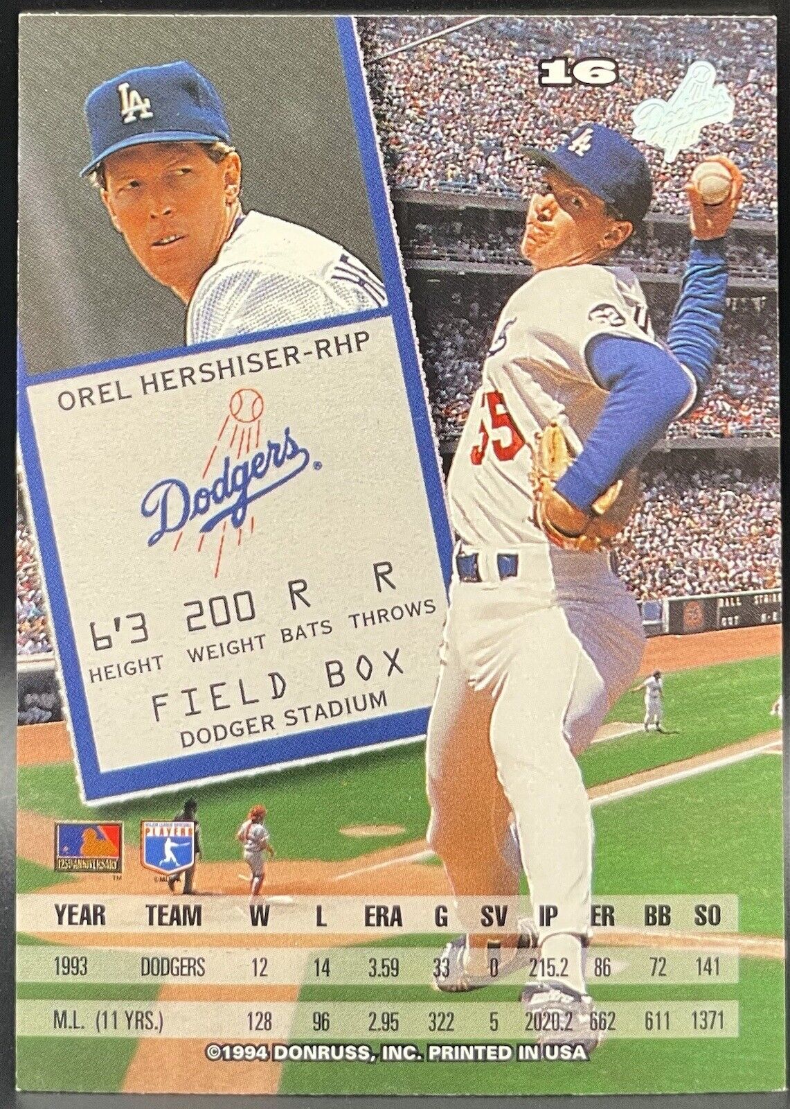 Orel Hershiser 1994 Donruss The Leaf Set #16 Los Angeles Dodgers Limited Edition