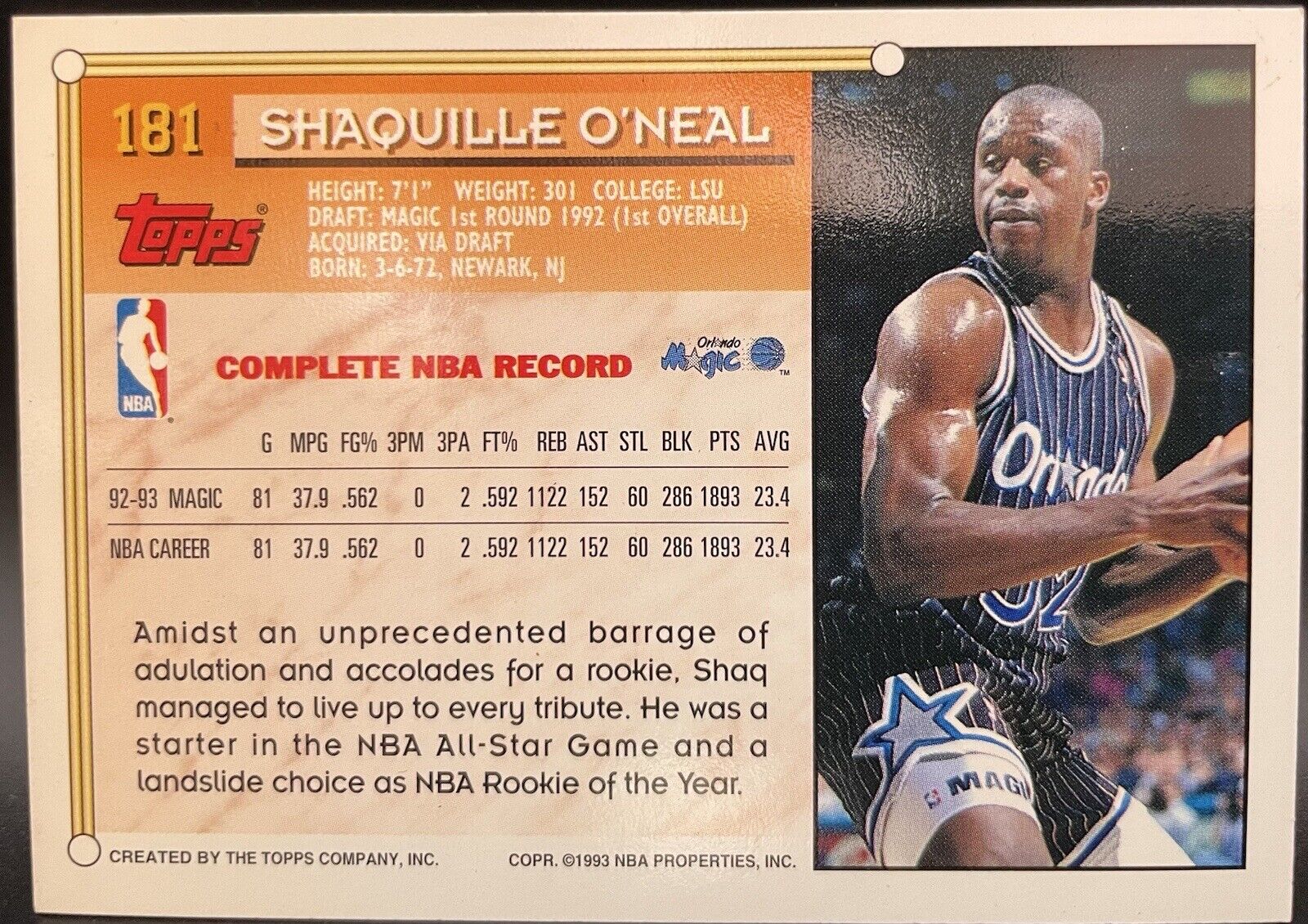 Shaquille O’Neal 1993 Topps Gold #181 (RC) Orlando Magic