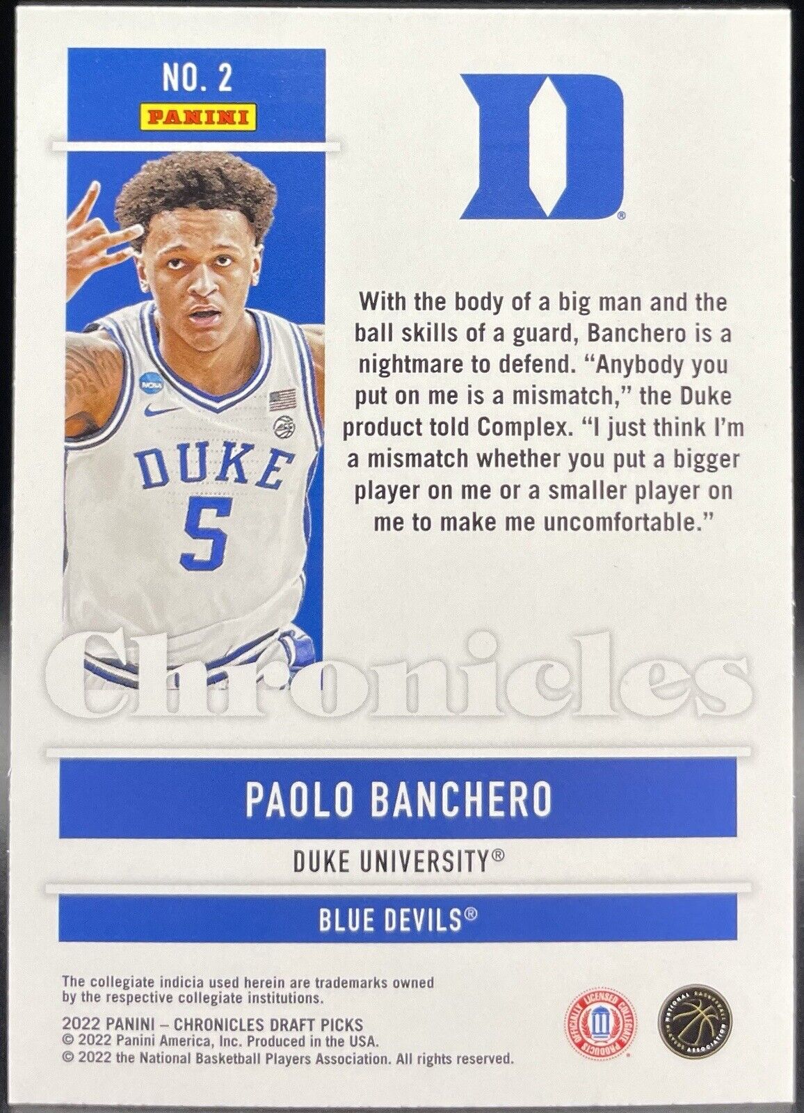 PAOLO BANCHERO 2022 Panini CHRONICLES DP RC #2 [BASE]--DUKE/ORLANDO MAGIC