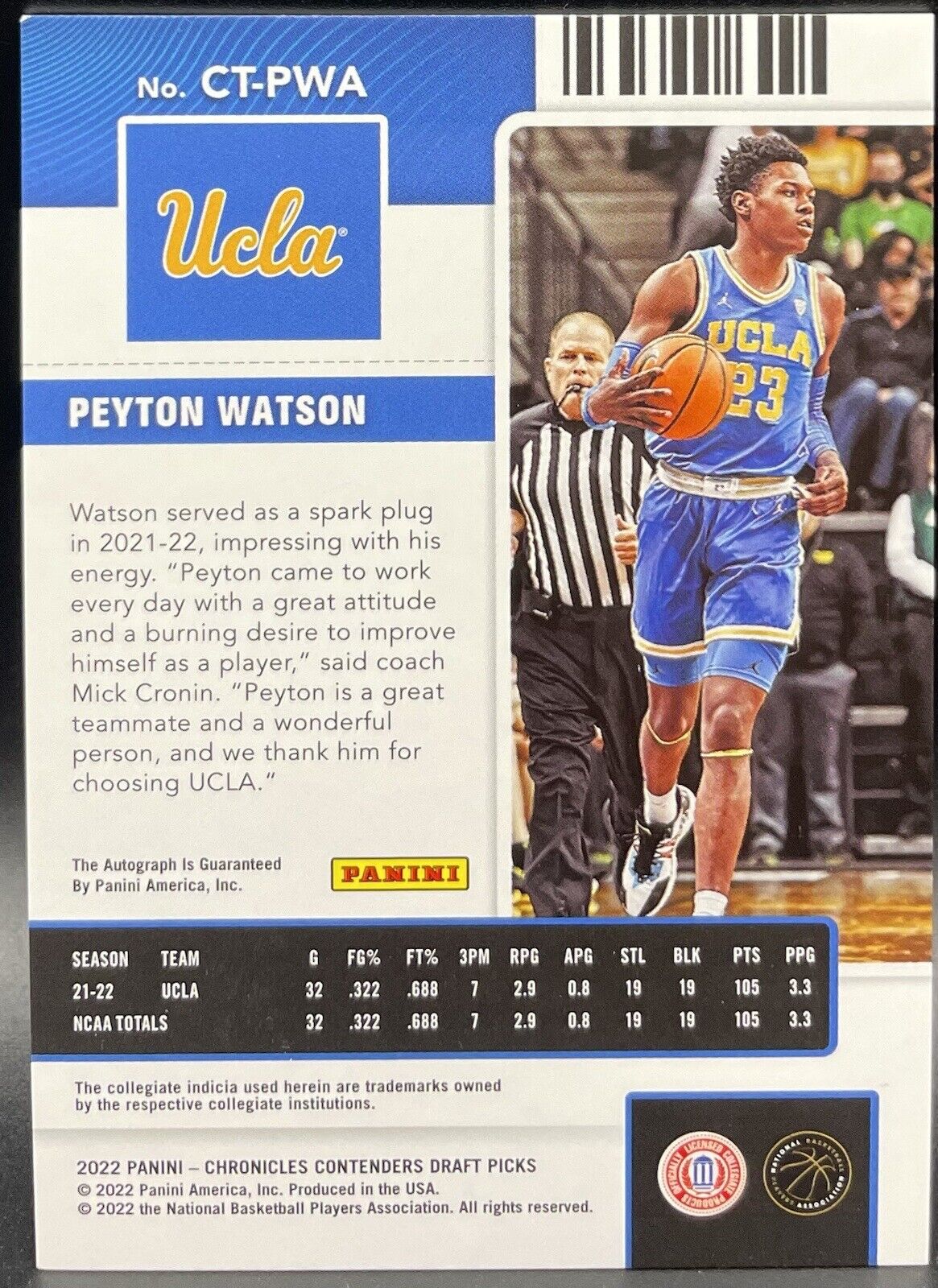 Peyton Watson 2022 Panini Chronicles Draft Picks #CT-PWA Auto, Denver Nuggets