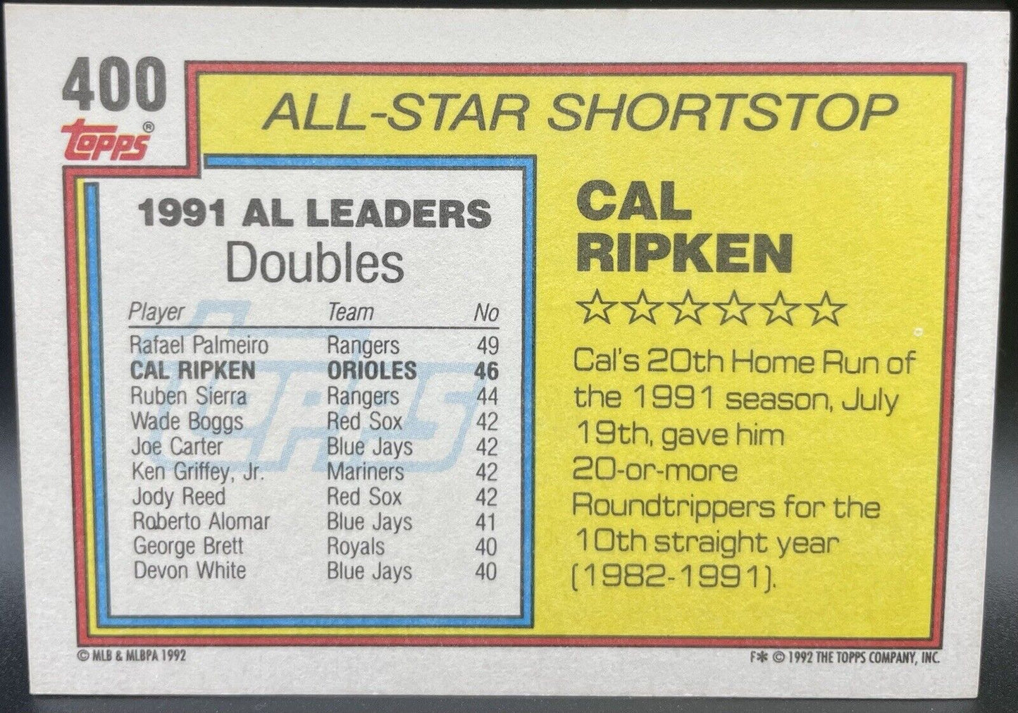 1992 Topps Cal Ripken #400 Baltimore Orioles 💥⚾️🔥