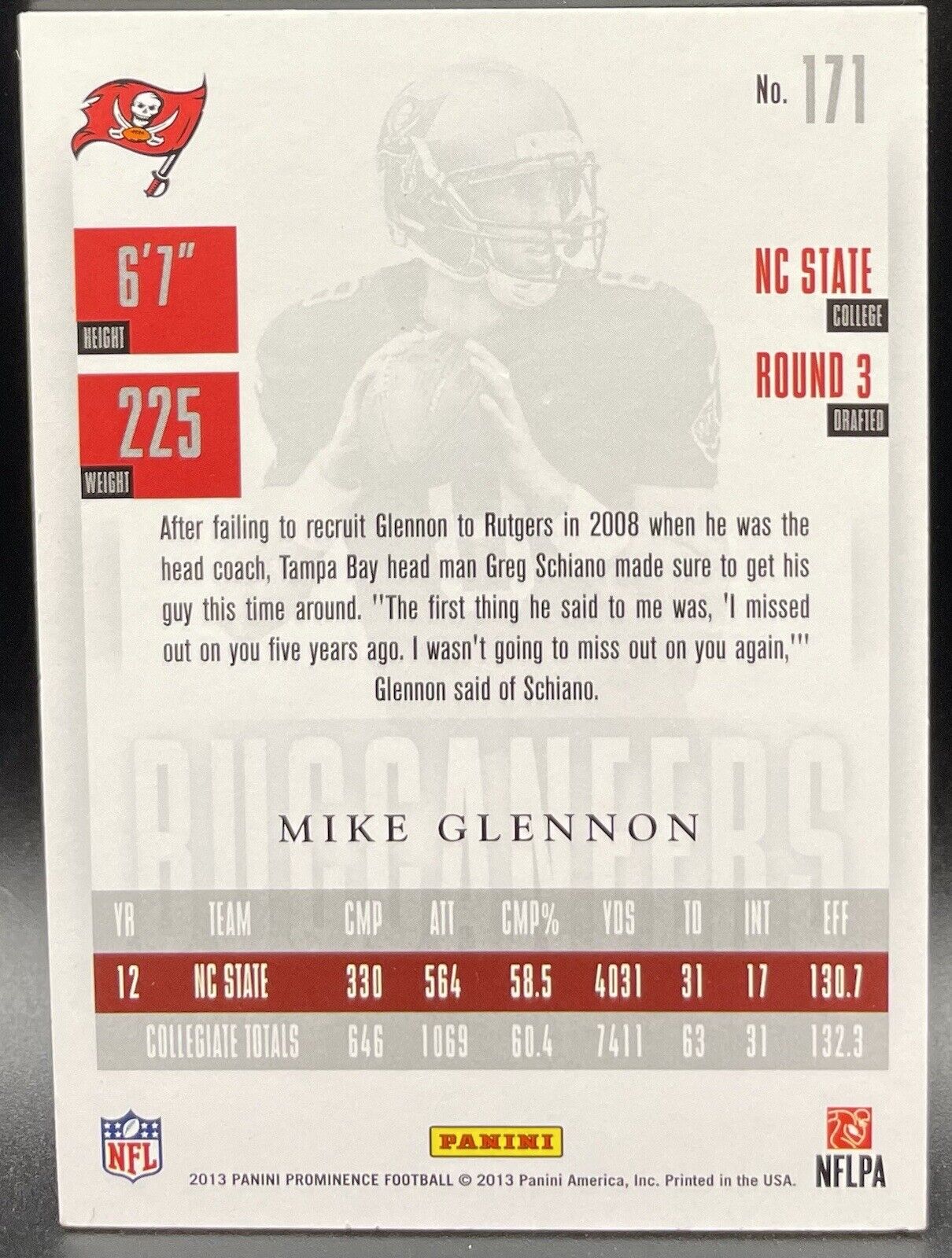 Mike Glennon 2013 Panini Prominence #171 RC, /199 Tampa Bay Buccaneers