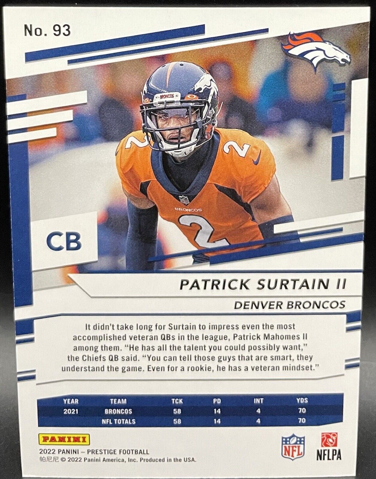 Patrick Surtain II 2022 Panini Prestige Red #93 Xtra Points /449 Denver Broncos