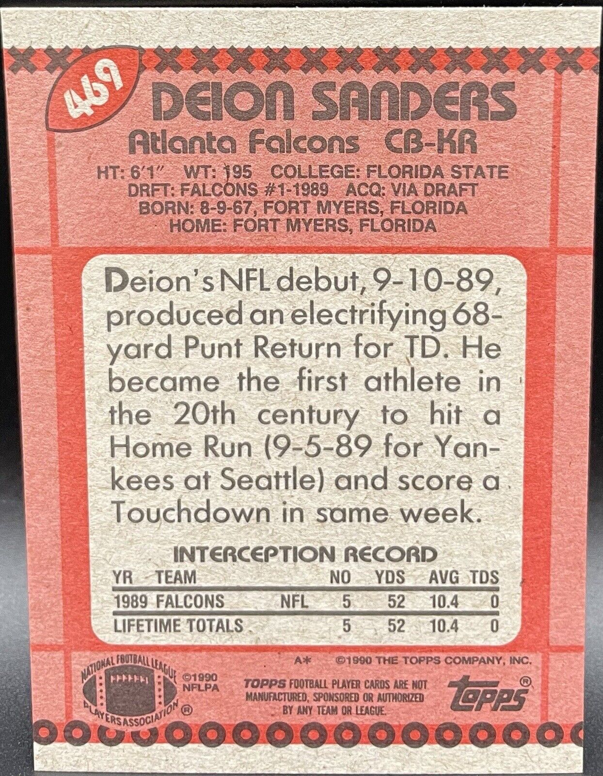 Deion Sanders “ Primetime”  1990 Topps #469 Super Rookie Atlanta Falcons