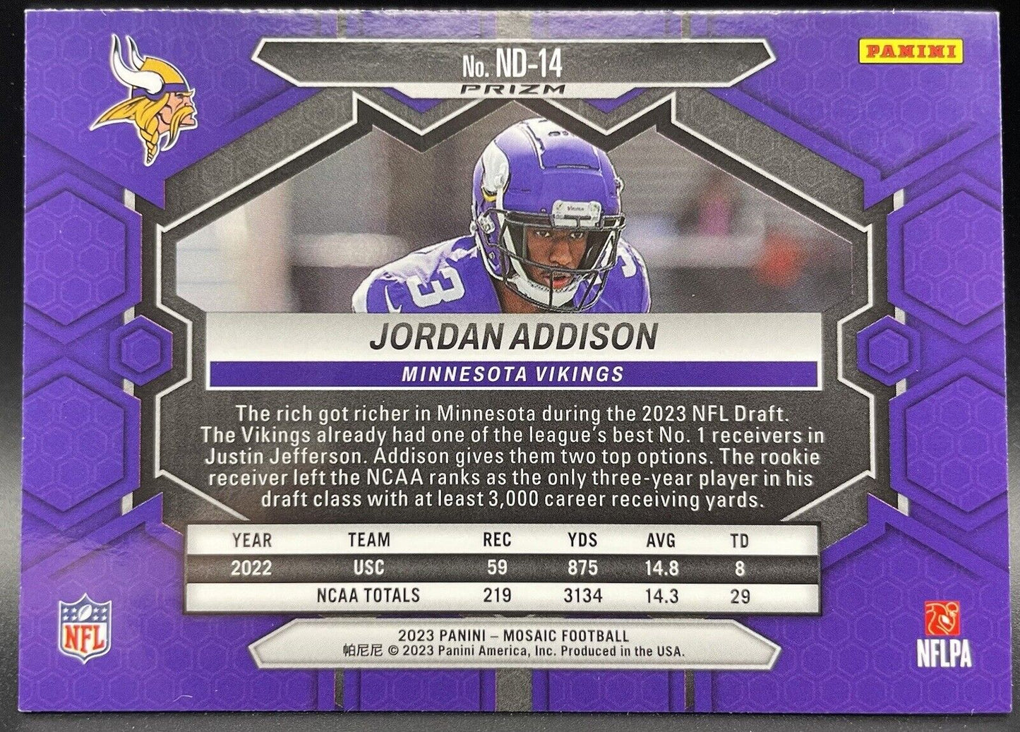 2023 Panini Mosaic JORDAN ADDISON #ND-14 Rookie Card Minnesota Vikings 🔥🔥🔥