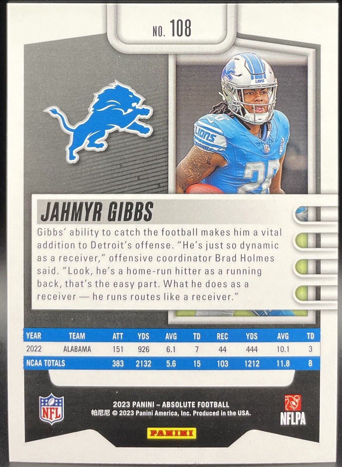 JAHMYR Gibbs 2023 Panini Absolute #108 Rookie Card Detroit Lions Chrome