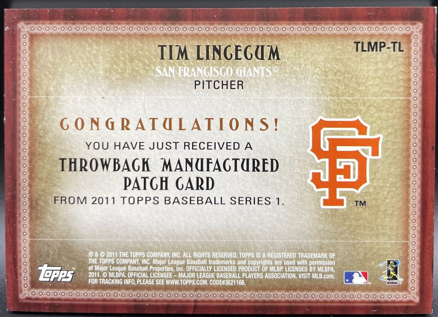 Tim Lingegum 2011 Topps #TLMP-TL 1962 Commemorative Patch San Francisco Giants￼