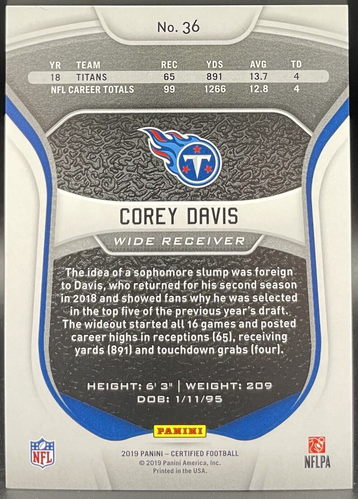 Corey Davis 2019 Panini Certified #36 /199 Orange Tennessee Titans