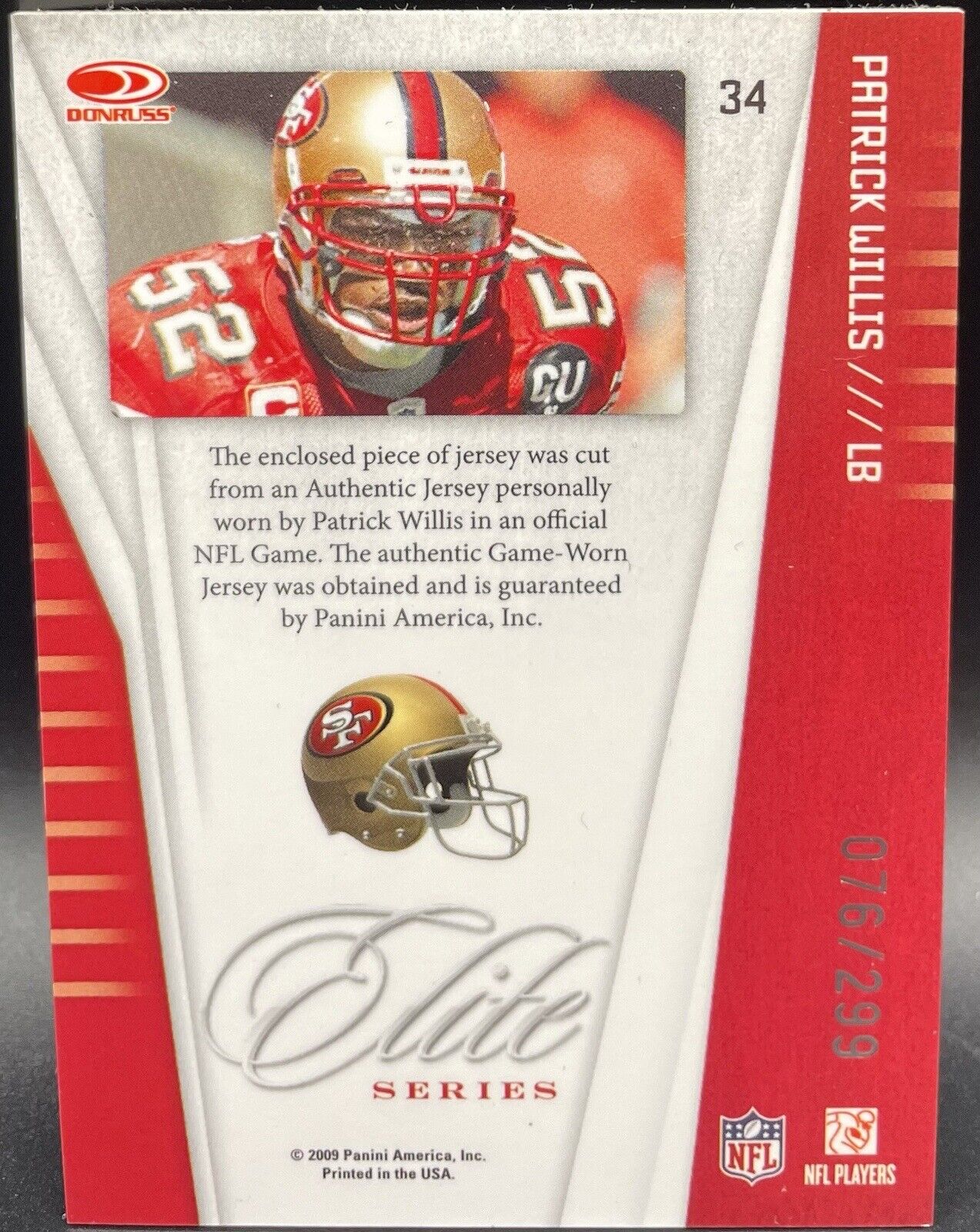 Patrick Willis 2009 Panini Donruss Elite #34 Patch /299 San Francisco 49ers