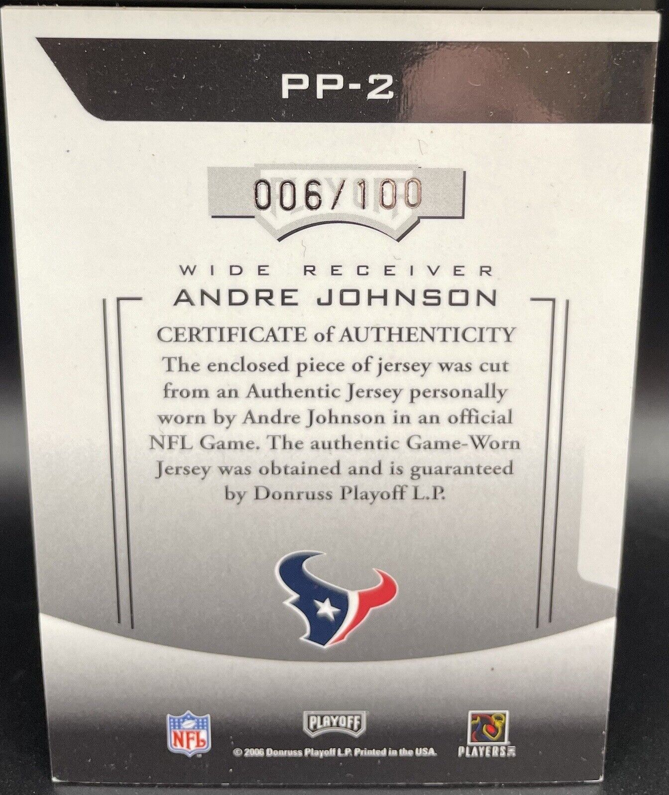 Andre Johnson 2006 Donruss #pp-2 Patch Prestige Houston Texans￼