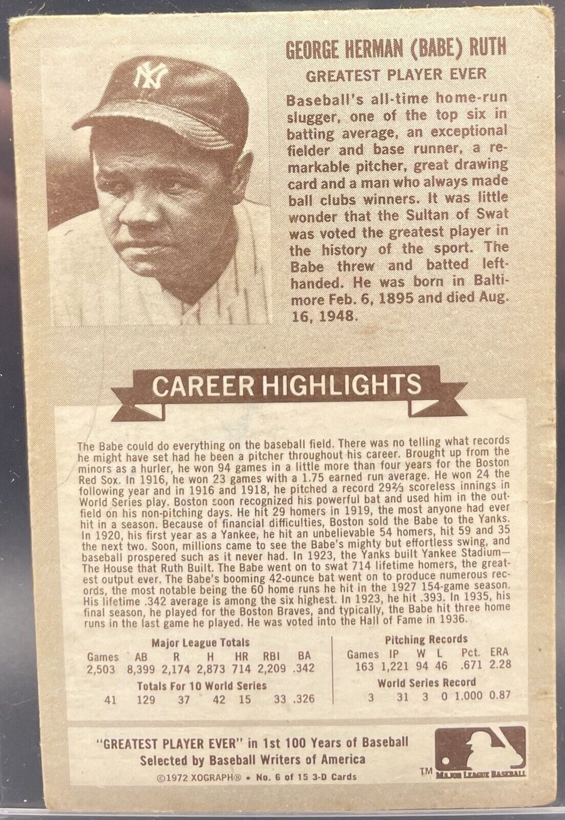 1972 Kellogg's 3-D All-Time Baseball Greats Babe Ruth (Greatest Ever) #6 HOF