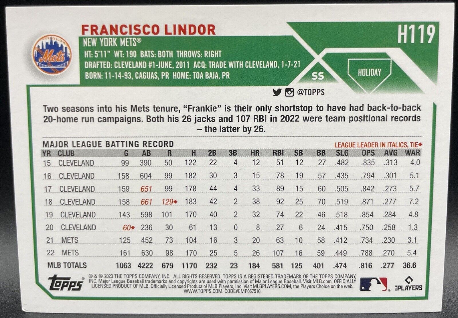 Francisco Lindor 2023 Topps Metallica Holiday #H119 New York Mets