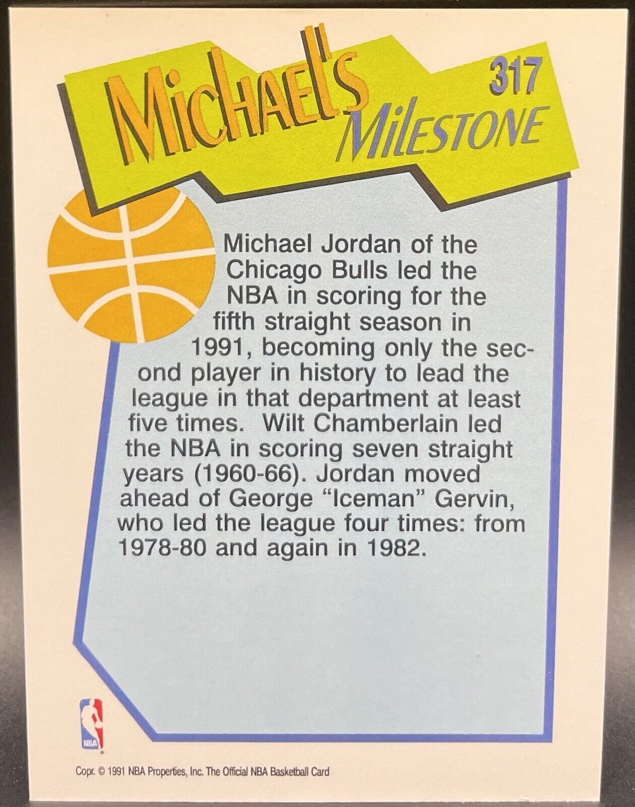 Michael Jordan 1991 NBA Hoops #317 Milestone Points Leader 5th Year In Row