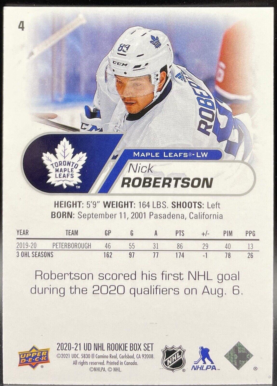 2020-21 Upper Deck NHL Rookie Box Set - #4 Nick Robertson (RC) JA