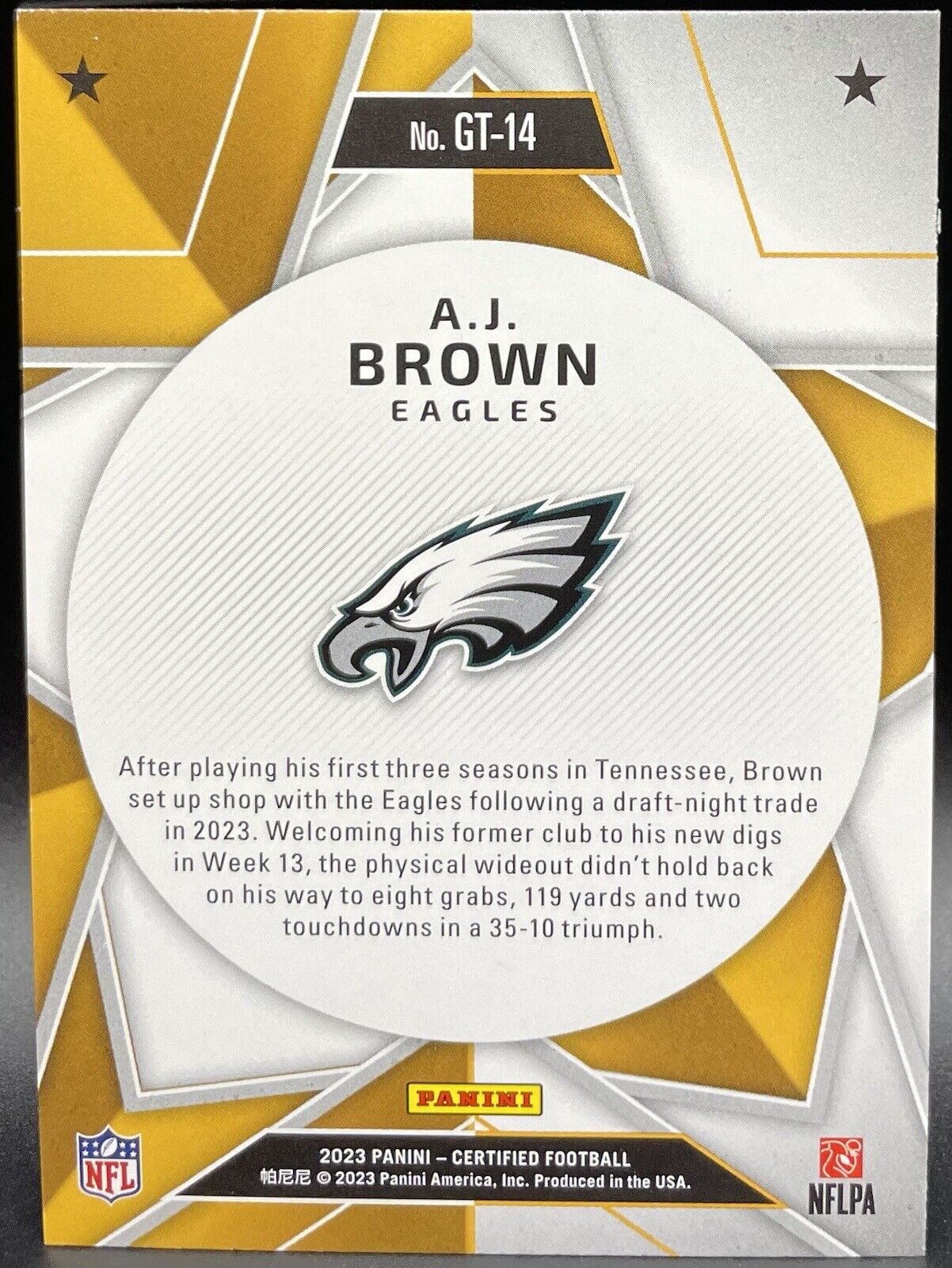 2023 Panini Certified AJ BROWN Gold Team Insert SP GT-14