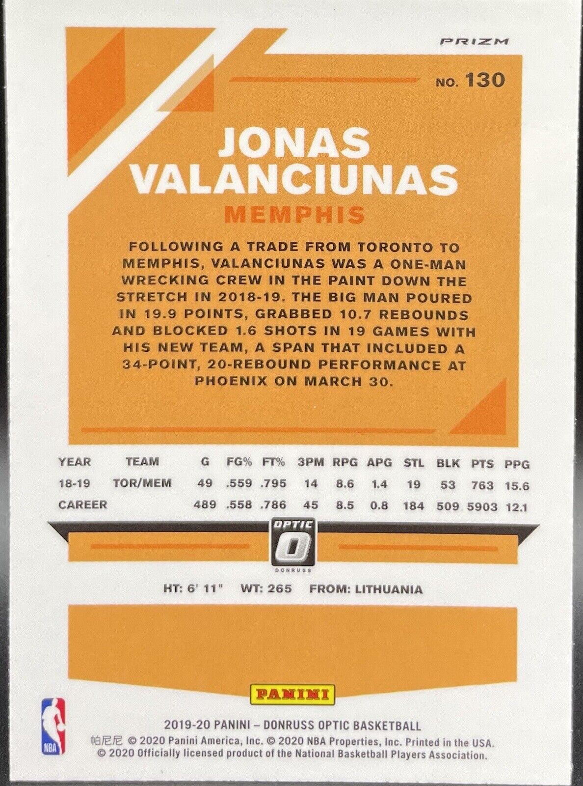 2019 Jonas Valanciunas 2019 Panini Donruss Optic #130 Memphis Grizzlies Pink