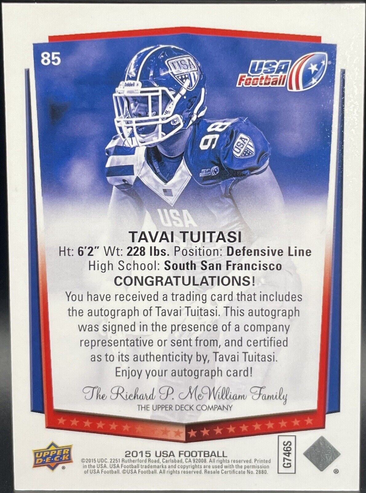 2015 Upper Deck USA Football - U-18 #85 Tavai Tuitasi (RC)