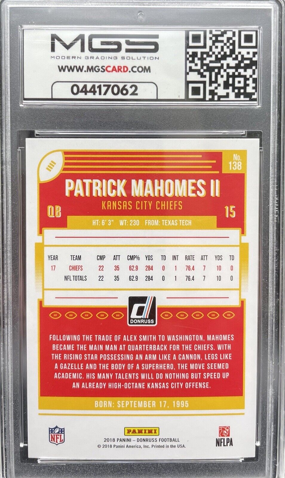 Patrick Mahomes II 2018 Panini Donruss #138 Kansas City Chiefs MGS MINT 9