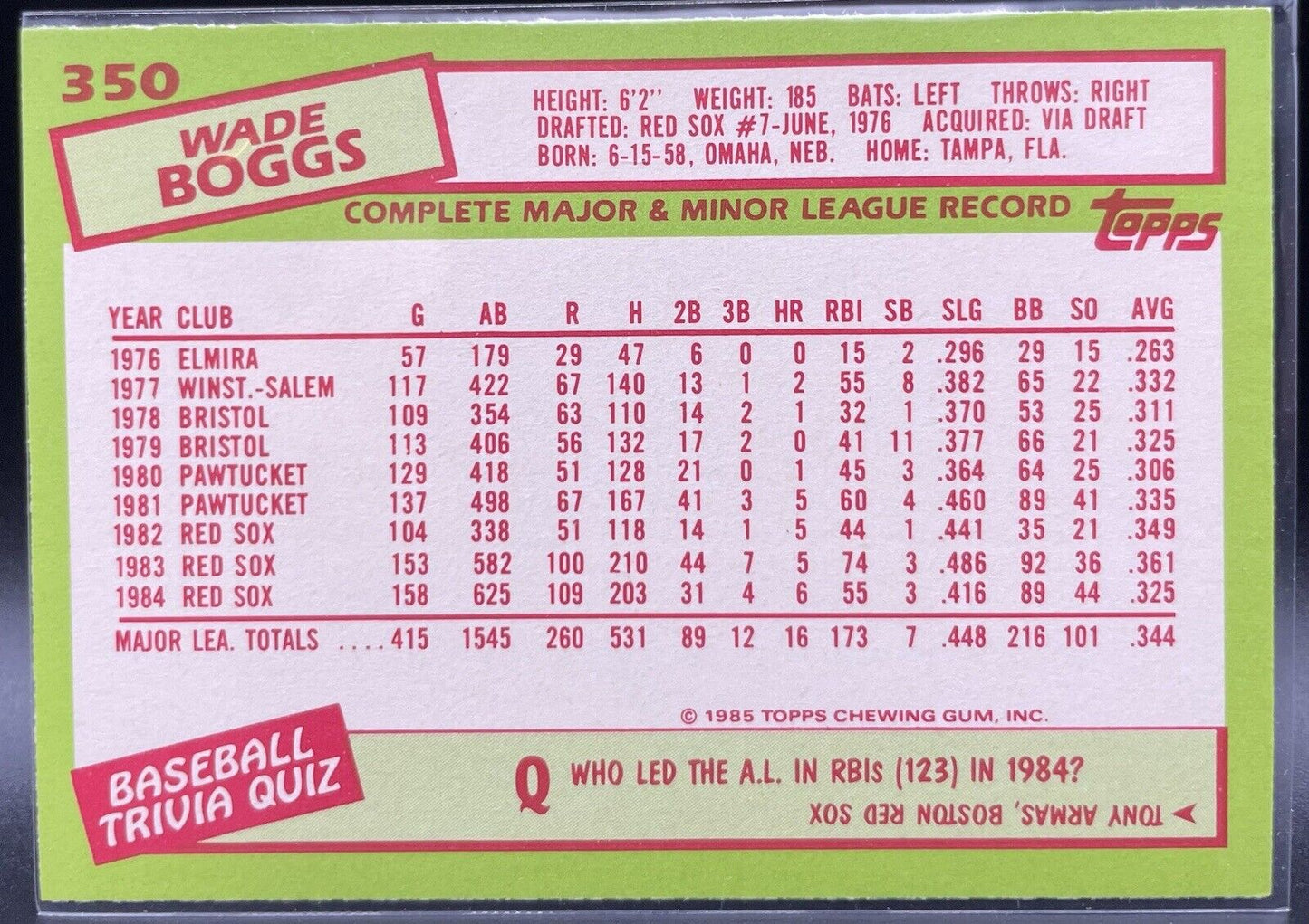 Wade Boggs 1985 Topps (Tiffany) #350 Boston Red Sox