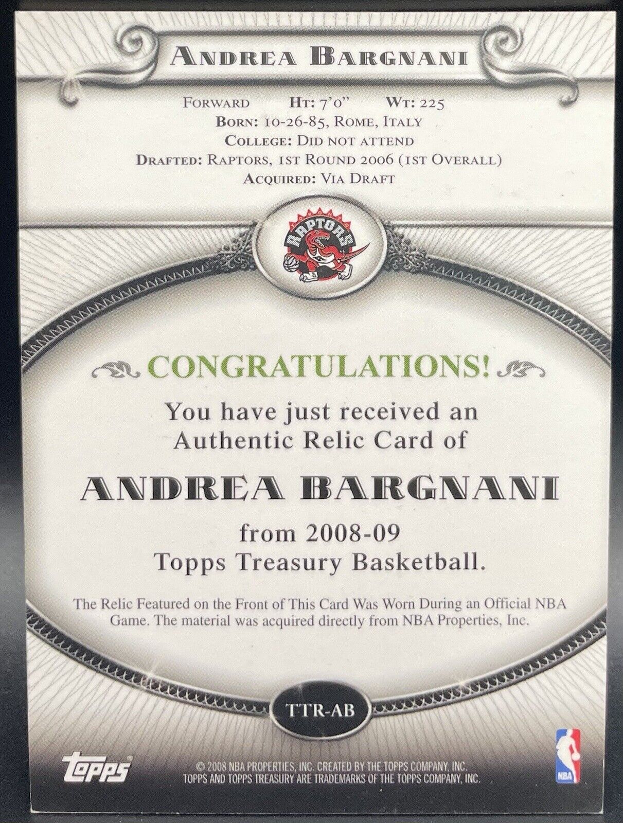 Andrea Bargnani 2008 Topps Treasury #TTR-AB Patch Toronto Raptors