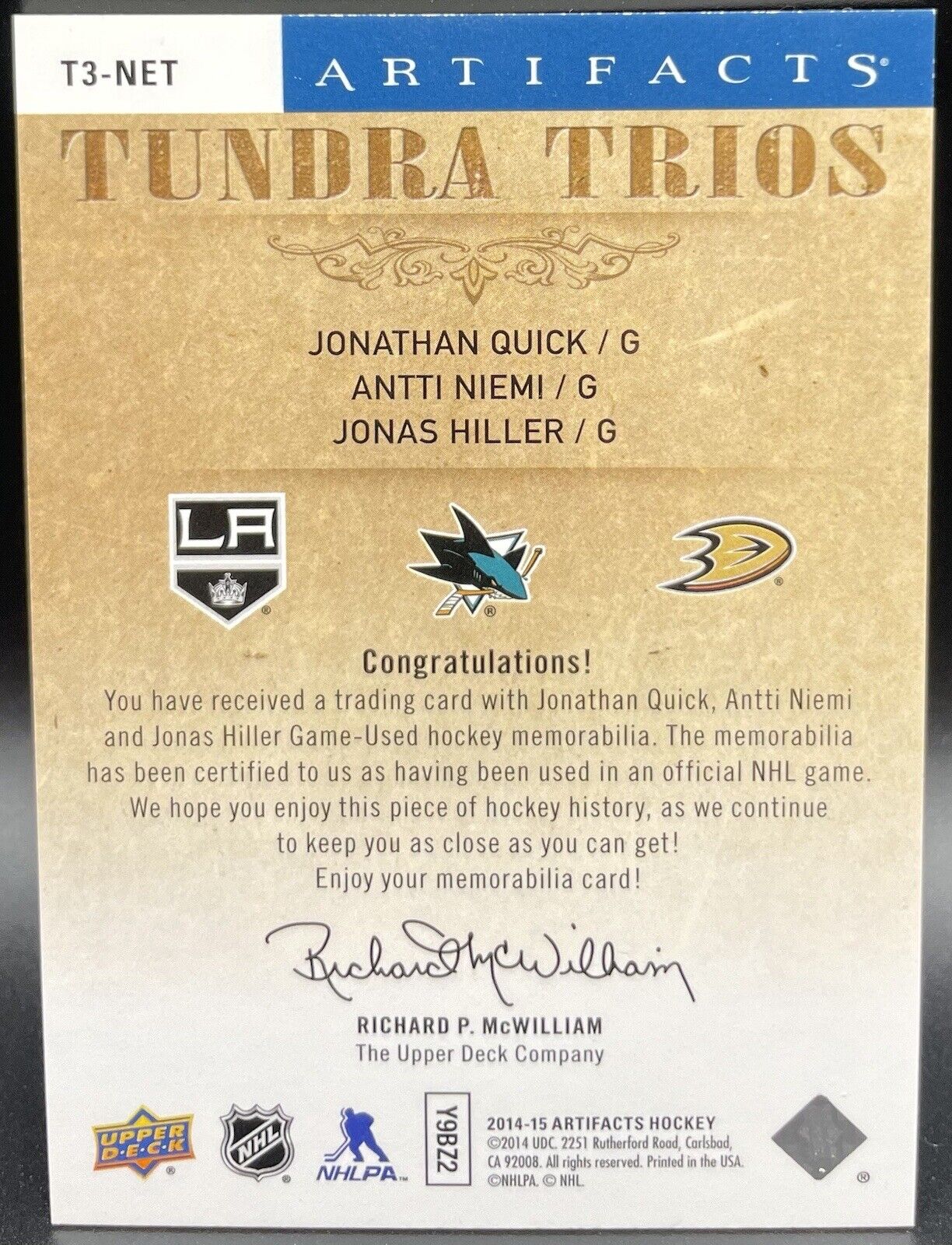 Jonathan Quick, Anti Niemi, Jonas Hiller  2014 Upper Deck Artifacts Triple Patch