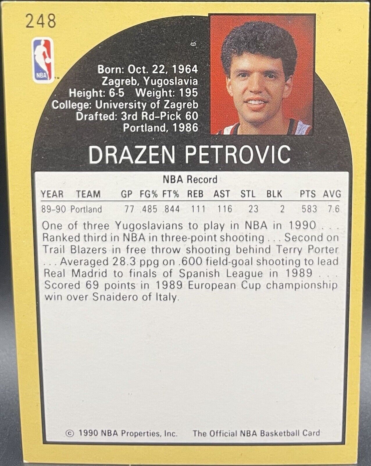 Drazen Petrovic 1990 NBA Hoops Rookie Silver #248 Portland Trail Blazers 