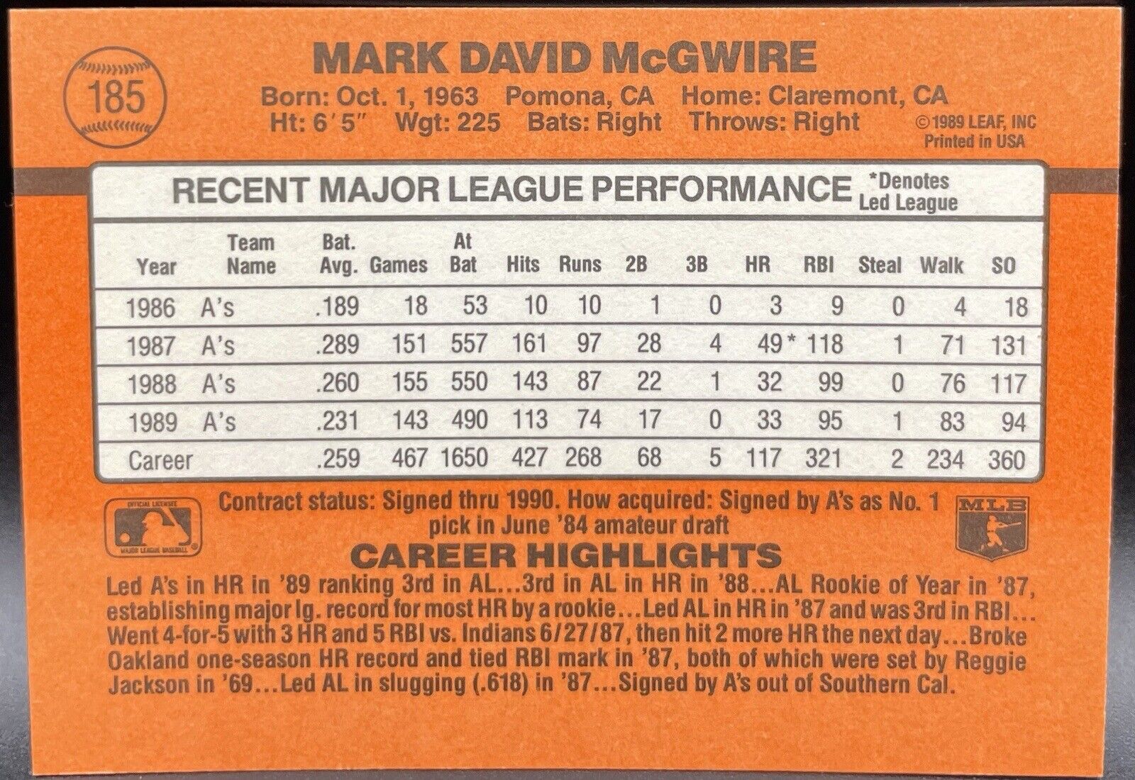 Mark McGwire 1990 Donruss #185 Oakland Athletics  Error Card