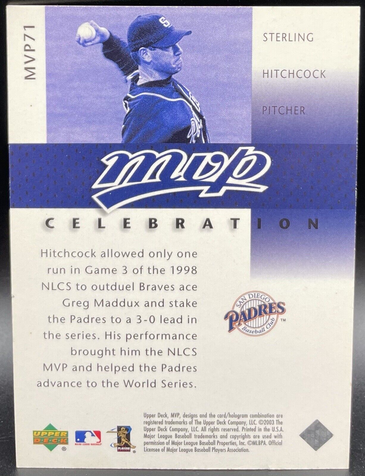 Sterling Hitchcock 2003 Upper Deck #MVP71 MVP /1998 San Diego Padres￼