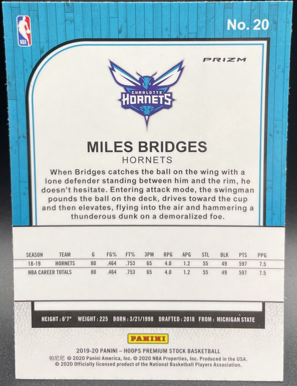 Miles Bridges 2019-20 Panini NBA Hoops #20 Green Charlotte Hornets 