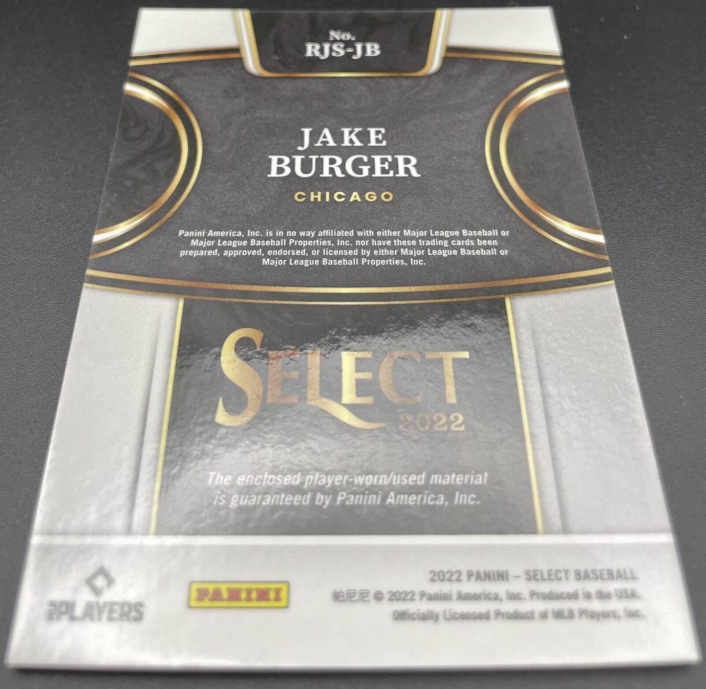 Jake Burger 2022 Panini Select #RJS-JB ROOKIE CARD JERSEY Chicago White Sox