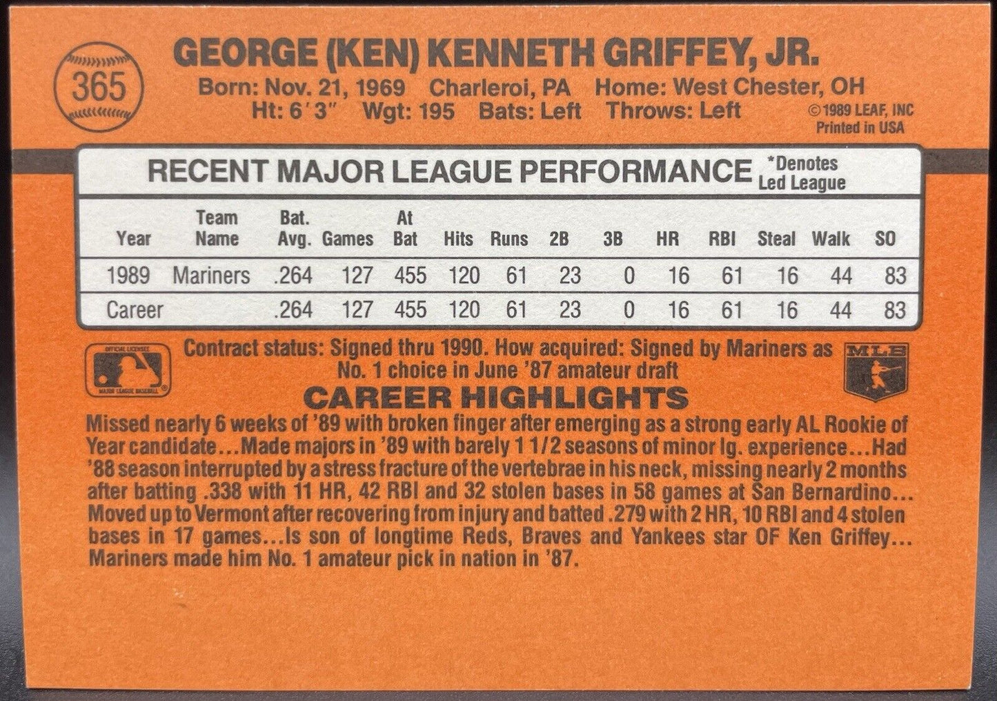 1990 Donruss Ken Griffey Jr Error Card #365  Seattle Mariners Rare!!