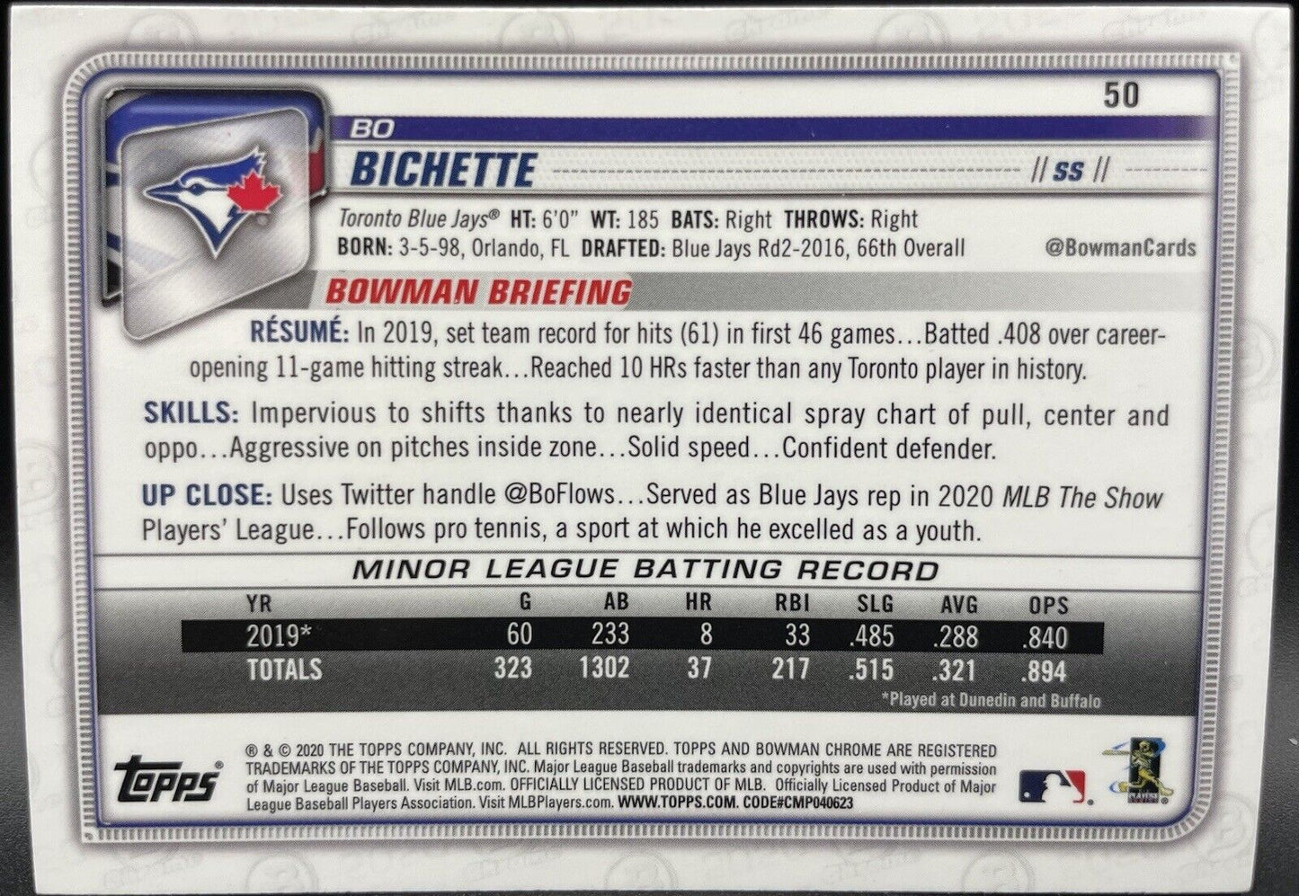 2020 Bowman Chrome - Batting #50 Bo Bichette (RC)