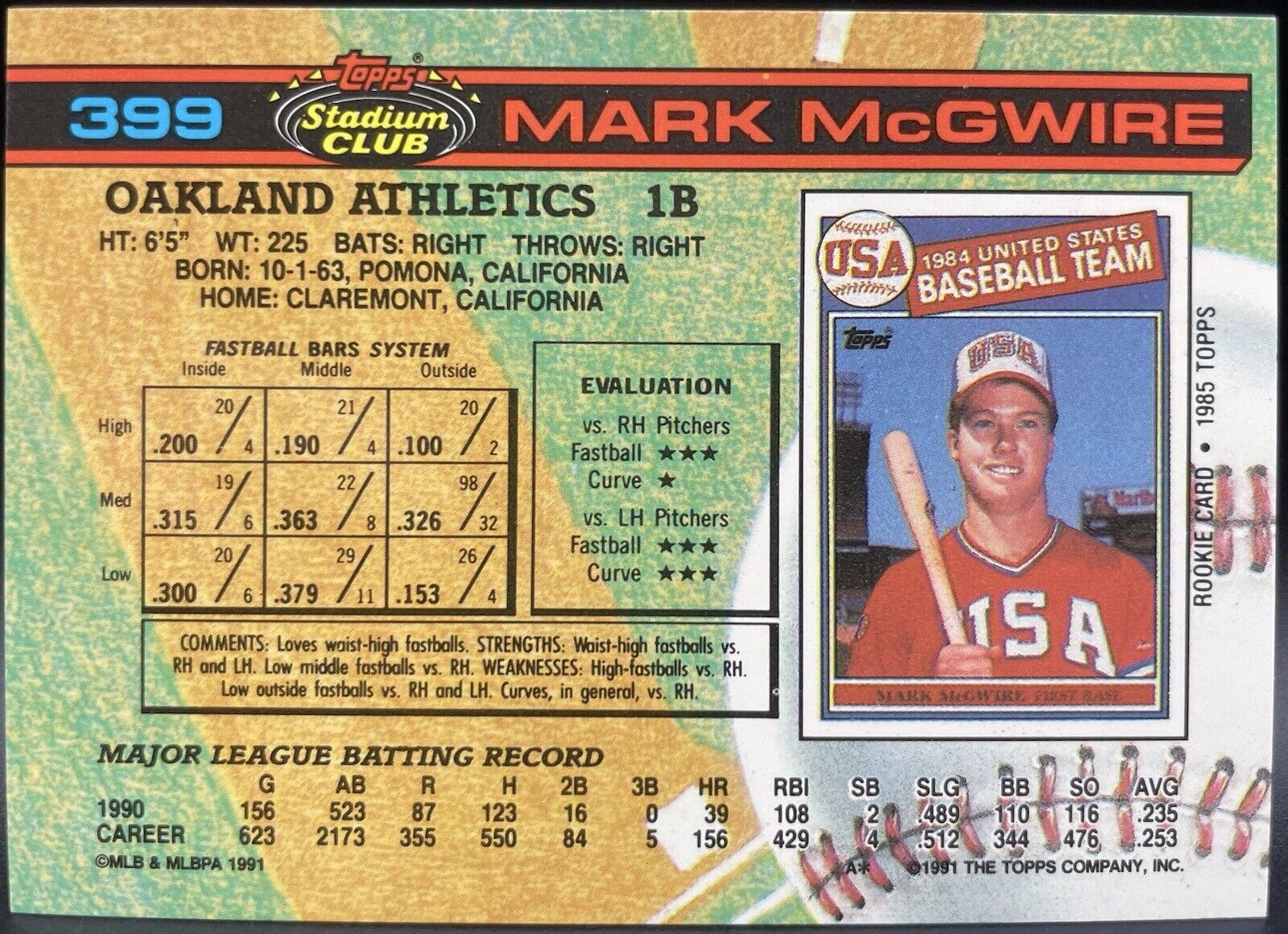 1991 Topps Stadium Club # 399 Mark McGwire Oakland Athletics ⚾️