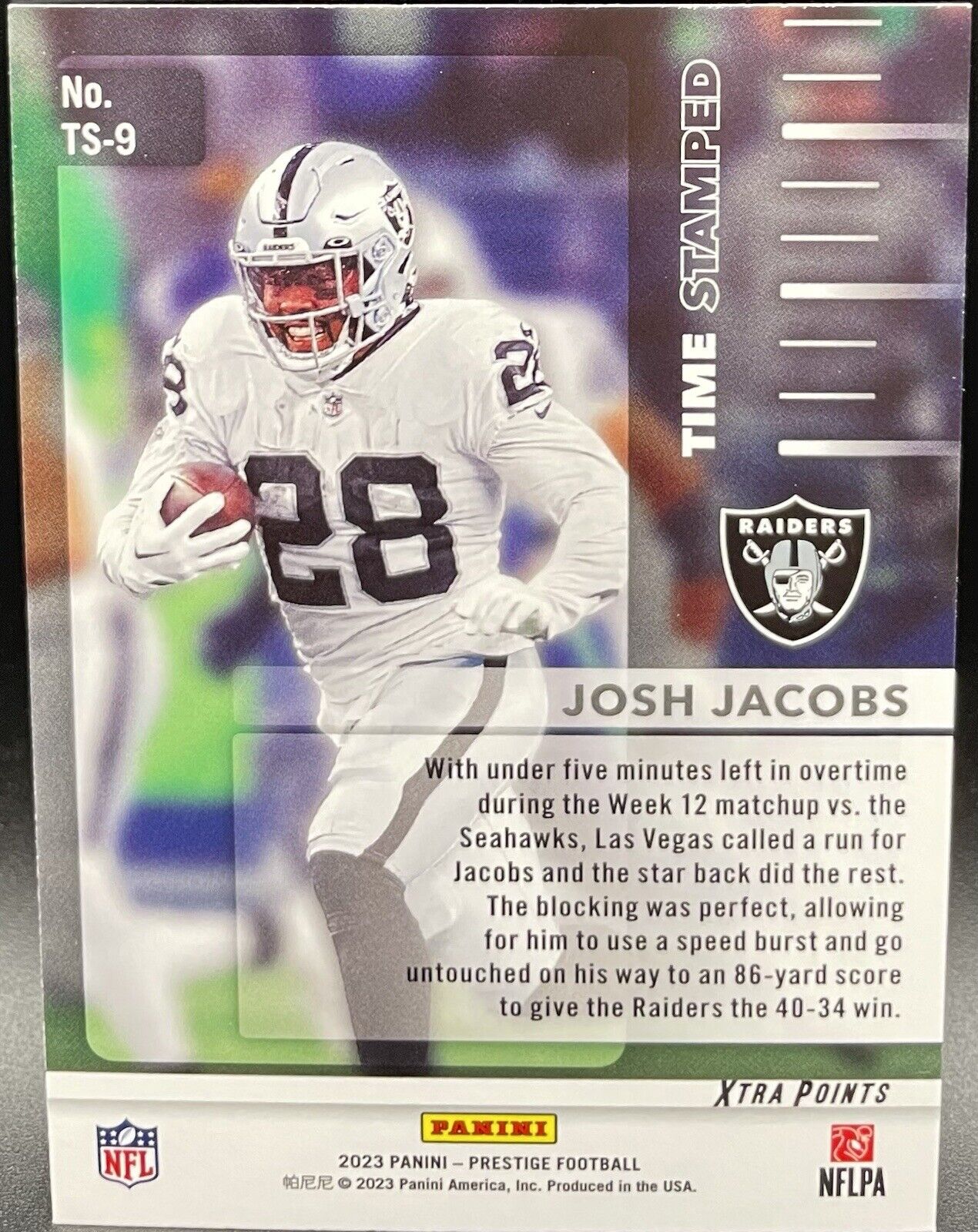 2023 Panini Prestige Josh Jacobs #TS-9 Time Stamped 4:21 Xtra Points 🔥