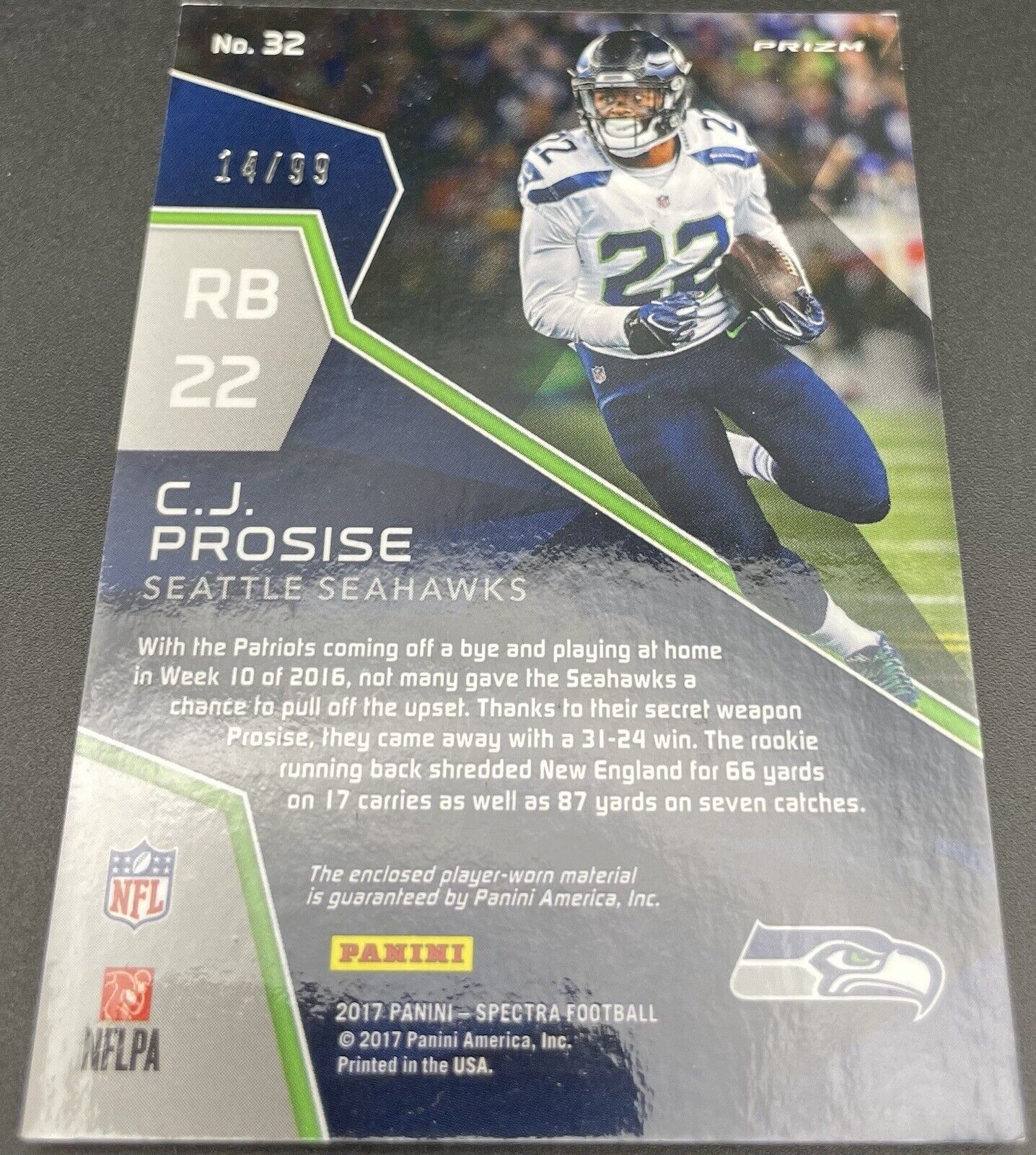 C.J. Promise 2017 Panini Spectra #32  Lg Patch,  14/99 Seattle Seahawks Teal