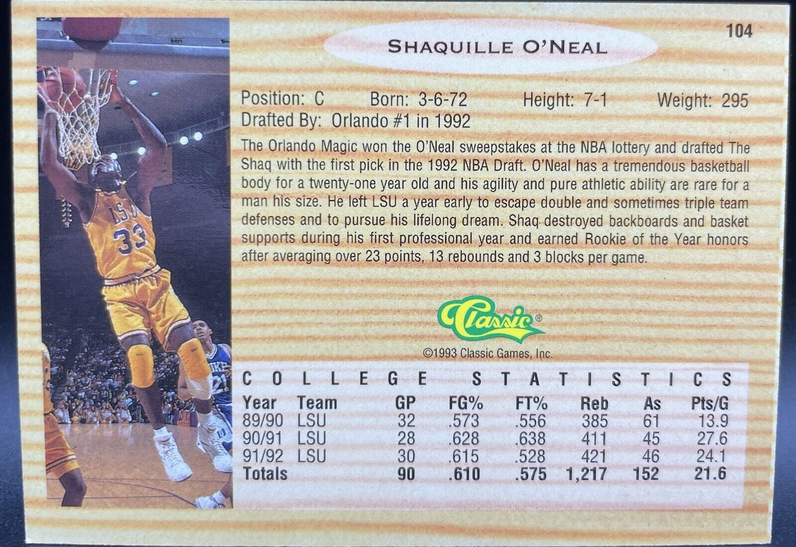 1993 Classic Draft Picks #104 Shaquille O'Neal Rookie LSU Tigers Orlando Magic