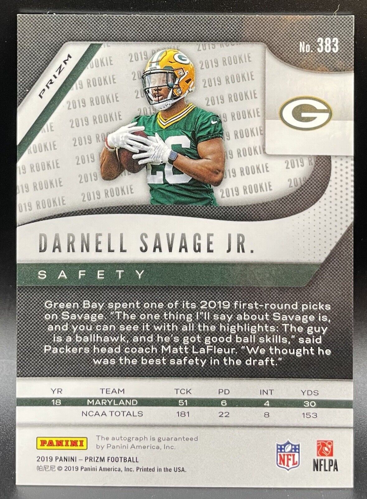 Darnell Savage Jr 2019 Panini Prizm Green #383 RC, Auto Green Bay Packers