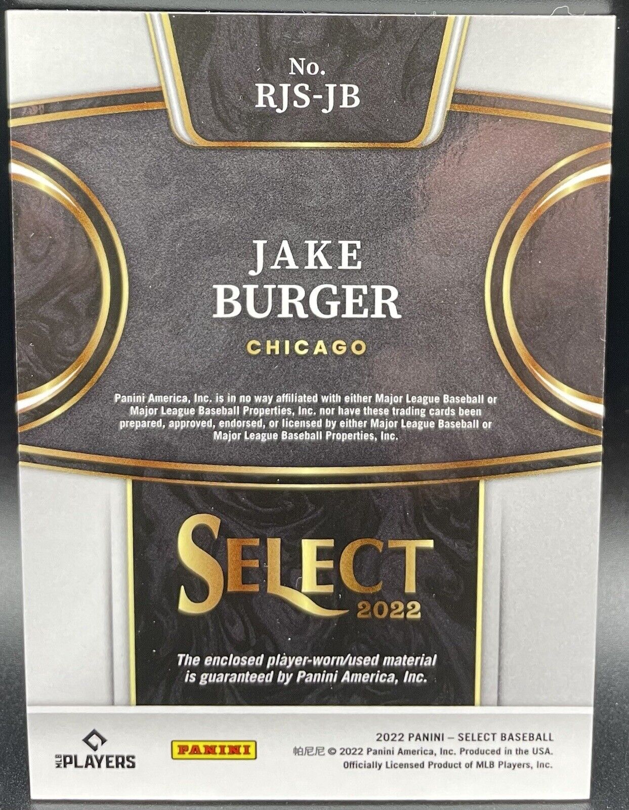 Jake Burger 2022 Panini Select #RJS-JB ROOKIE CARD JERSEY Chicago White Sox