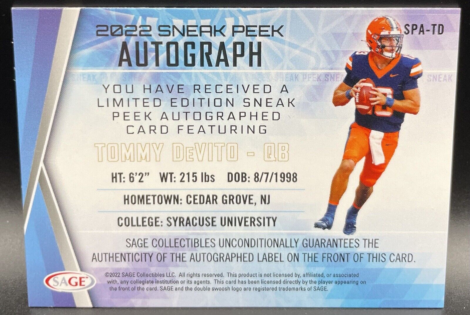 Tommy DeVito #SPA-TD Saga Collectibles Autograph Rookie New York Giants