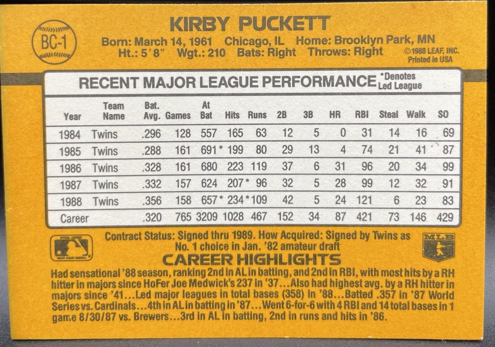 1988 Donruss Kirby Puckett #BC-1 Minnesota Twins MVP 🔥(ERROR) Great Condition