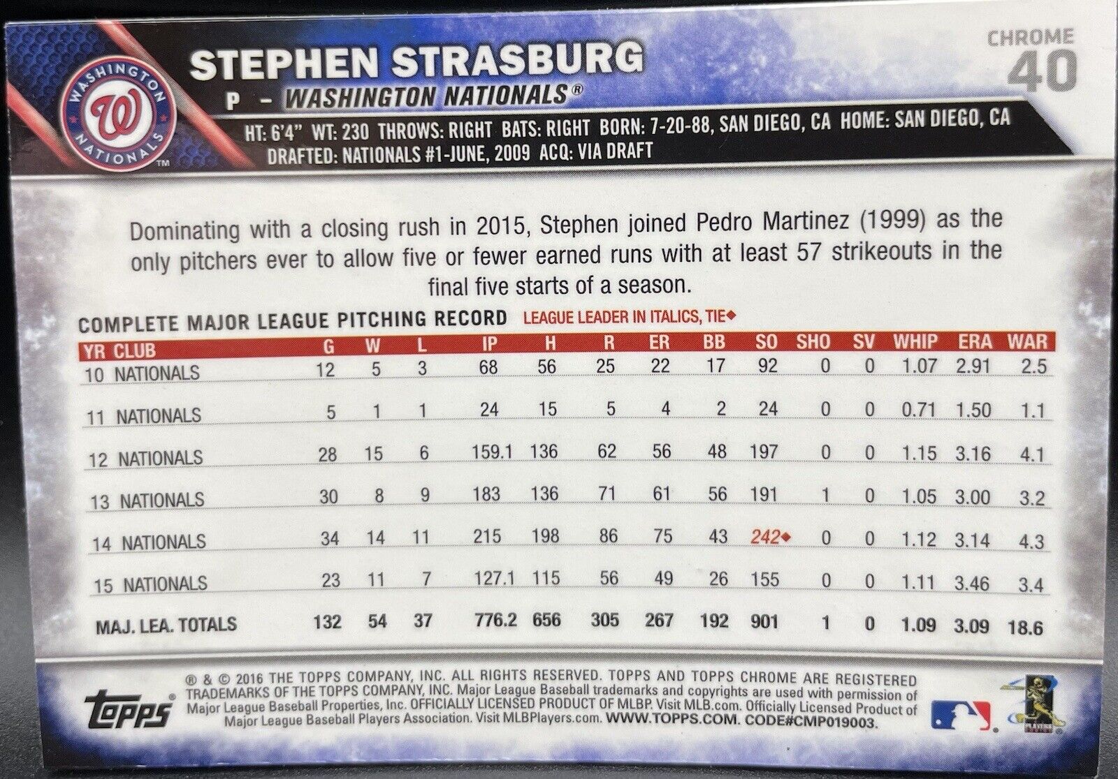 2016 Topps Chrome - Prism Refractor #40 Stephen Strasburg Washington Nationals ￼